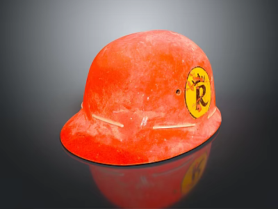 Red Safety Helmet With Yellow Badge Featuring Letter R On Dark Background 3d model