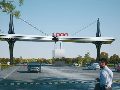 Modern Commercial Entrance Gate With Red LOGO And Support Structures Near Vehicles And Trees 3d model