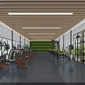 Spacious Modern Fitness Gym With Workout Equipment Wooden Ceiling Large Windows And Green Plant Wall