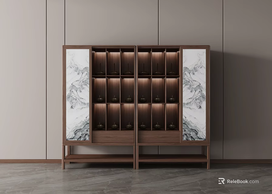 Modern Decorative Wine Cabinet With Walnut Wood Frame Marble Pattern Panels And Multiple Wine Storage Slots 3d model 