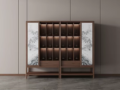 Modern Decorative Wine Cabinet With Walnut Wood Frame Marble Pattern Panels And Multiple Wine Storage Slots 3d model