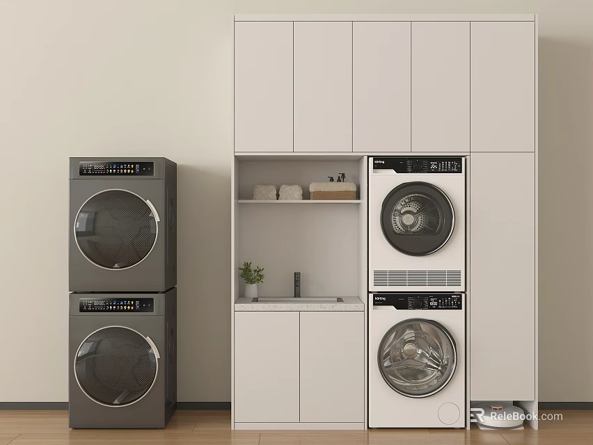 Modern Stackable Washing Machines In Gray And White With Storage Cabinets 3d model