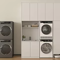 Modern Stackable Washing Machines In Gray And White With Storage Cabinets 3d model