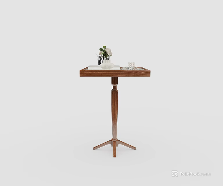 Modern Wooden Side Table With Square Top And Triangular Base Featuring Decorative Vase And Cups 3d model
