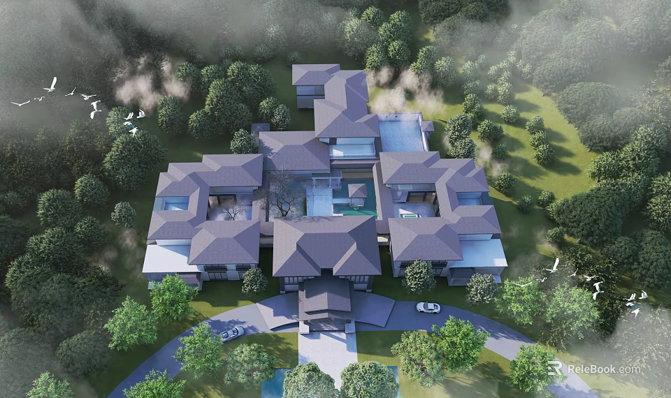 Detached Villa With Courtyard Swimming Pool Surrounded By Lush Greenery And Trees 3d model 
