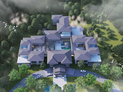 Detached Villa With Courtyard Swimming Pool Surrounded By Lush Greenery And Trees 3d model