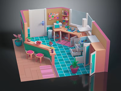 Vibrant Small Kitchen Interior With Blue Tiled Floor Pink Stools Green Cabinets And Wall Decorations 3d model