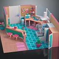 Vibrant Small Kitchen Interior With Blue Tiled Floor Pink Stools Green Cabinets And Wall Decorations