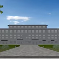 Modern Industrial Factory Building With Gray Exterior Multiple Windows Symmetrical Design And Landscaped Entrance