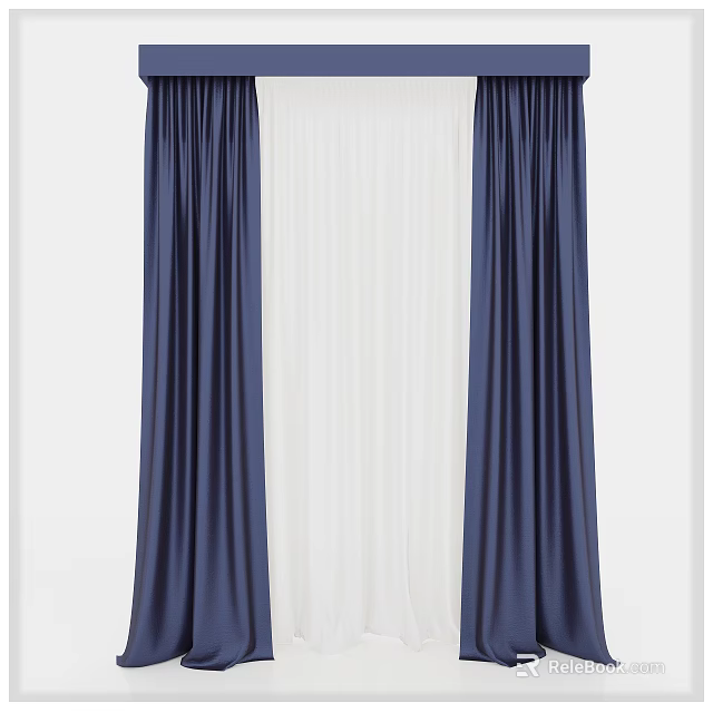 Thick Navy Blue Curtains With White Sheer Panels For Home Windows 3d model