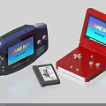 Colorful Game Boy Portable Gaming Consoles With Blue Red Designs And Game Cartridge