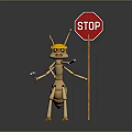 Cartoon Ant Character Wearing Yellow Safety Helmet Holding Hammer And Stop Sign
