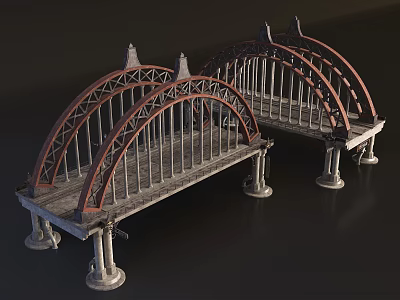 Double Arch Bridge Design With Metal Frames Stone Pillars And Decorative Tops 3d model