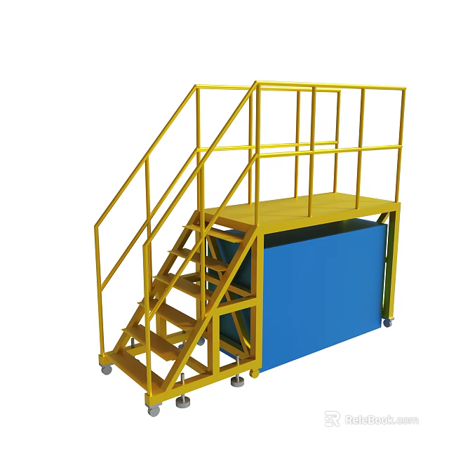 Yellow Metal Work Platform With Staircase Guardrail And Blue Base 3d model