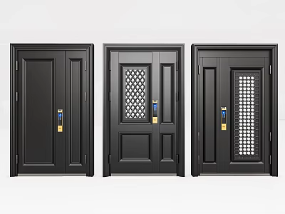 Modern Black Security Doors with Diverse Panel and Grille Designs and Secure Lock Features 3d model