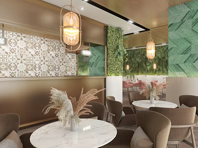 Elegant Modern Restaurant Interior With Pendant Lights Green Plant Wall Round Marble Tables And Patterned Tiles 3d model