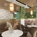 Elegant Modern Restaurant Interior With Pendant Lights Green Plant Wall Round Marble Tables And Patterned Tiles