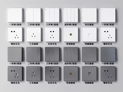 White and Gray Switch Panels with Various Types Switches Sockets and TV Outlets 3d model