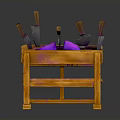 Wooden Workbench with Purple Tools and Knives on Top Surface