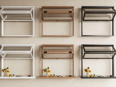 Modern Wall Mounted Kitchen Shelves in White Brown Black With Decorative Vases and Yellow Flowers 3d model