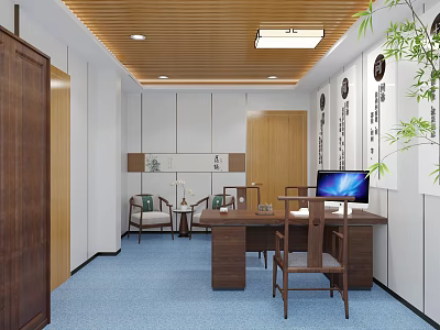 Clinic Room Interior With Wooden Ceiling Desk Computer Green Plant And Blue Carpet 3d model