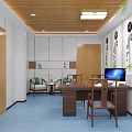 Clinic Room Interior With Wooden Ceiling Desk Computer Green Plant And Blue Carpet