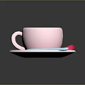 Pink Beverage With Latte Art In Cup On Pink Saucer Blue Spoon And Pink Dessert