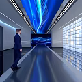 Modern Indoor Space Featuring Blue Light Streaks Grid Glass Wall And Reflective Floor