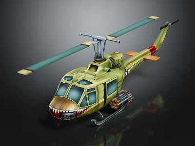 Olive Green Military Helicopter Shark Mouth Design Green Rotors and Weapons on Dark Background 3d model