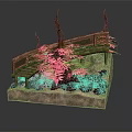 Cute Cartoon Miniature Scene With Wooden Bridge Pink Flowers Green Plants And Rocks