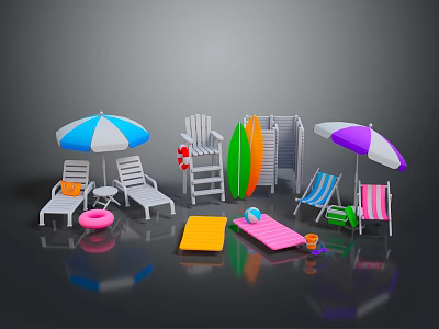 Colorful Beach Equipment Collection Featuring Umbrellas Lounge Chairs Surfboards And Mats 3d model