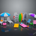 Colorful Beach Equipment Collection Featuring Umbrellas Lounge Chairs Surfboards And Mats