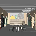 Kindergarten Interior Design With Wooden Walls Colorful House Shaped Decorations White Tables And Gray Stools