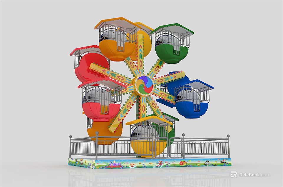 Colorful Ferris Wheel Amusement Park Ride With Enclosed Cabins And Safety Railings 3d model 