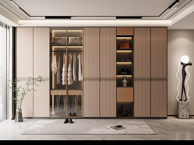 Modern Wardrobe Interior Design With Hanging Clothes Drawers Built-in Lighting And Potted Plant 3d model