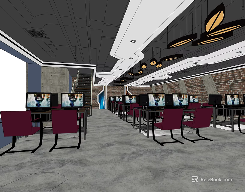 Modern Internet Cafe Interior With Rows Of Computers Stylish Lighting And Comfortable Seating 3d model 