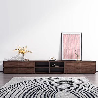 Walnut Wooden TV Stand with Decorative Vase Artwork Deer Ornament and Rug 3d model