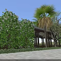 Traditional Garden Landscape With Pavilion Palm Tree Flowering Shrubs And Stone Pavement