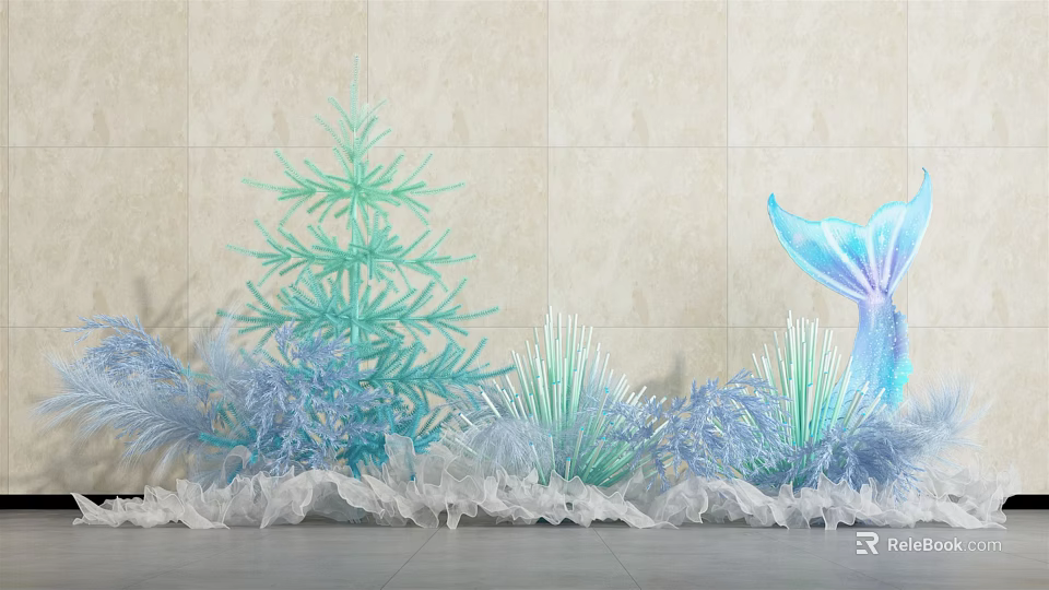 Ocean Themed Decor With Blue Coral Mermaid Tail And Green Plant Accents 3d model 