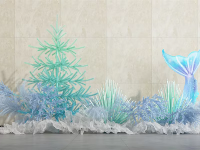 Ocean Themed Decor With Blue Coral Mermaid Tail And Green Plant Accents 3d model