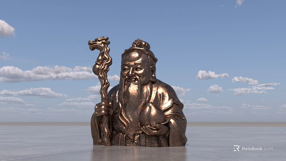 Bronze Landscape Sculpture Of Bearded Figure With Dragon Staff And Peach Against Blue Sky 3d model 
