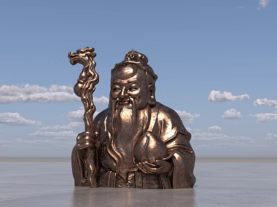 Bronze Landscape Sculpture Of Bearded Figure With Dragon Staff And Peach Against Blue Sky 3d model