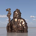 Bronze Landscape Sculpture Of Bearded Figure With Dragon Staff And Peach Against Blue Sky