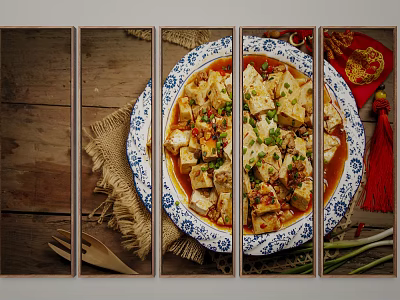 Mapo Tofu With Red Sauce And Green Onions On Blue White Plate Wooden Background 3d model