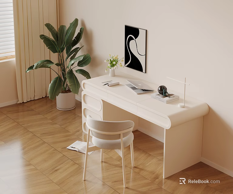Modern Minimalist Desk With White Chair Table Lamp Notebook Potted Plant And Black White Artwork 3d model 