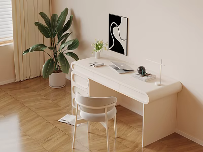 Modern Minimalist Desk With White Chair Table Lamp Notebook Potted Plant And Black White Artwork 3d model
