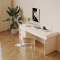 Modern Minimalist Desk With White Chair Table Lamp Notebook Potted Plant And Black White Artwork