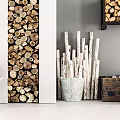 Rustic Stone And Wood Interior Decor With Stacked Logs Shelves And Wicker Baskets