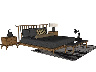 Modern Wooden Double Bed Interior With Dark Bedding Bedside Tables Table Lamp And Side Table 3d model