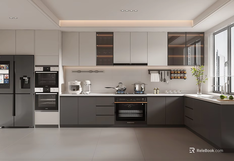 Modern Kitchen Interior With Gray Cabinets Black Refrigerator Built-in Oven Window And Countertop 3d model 